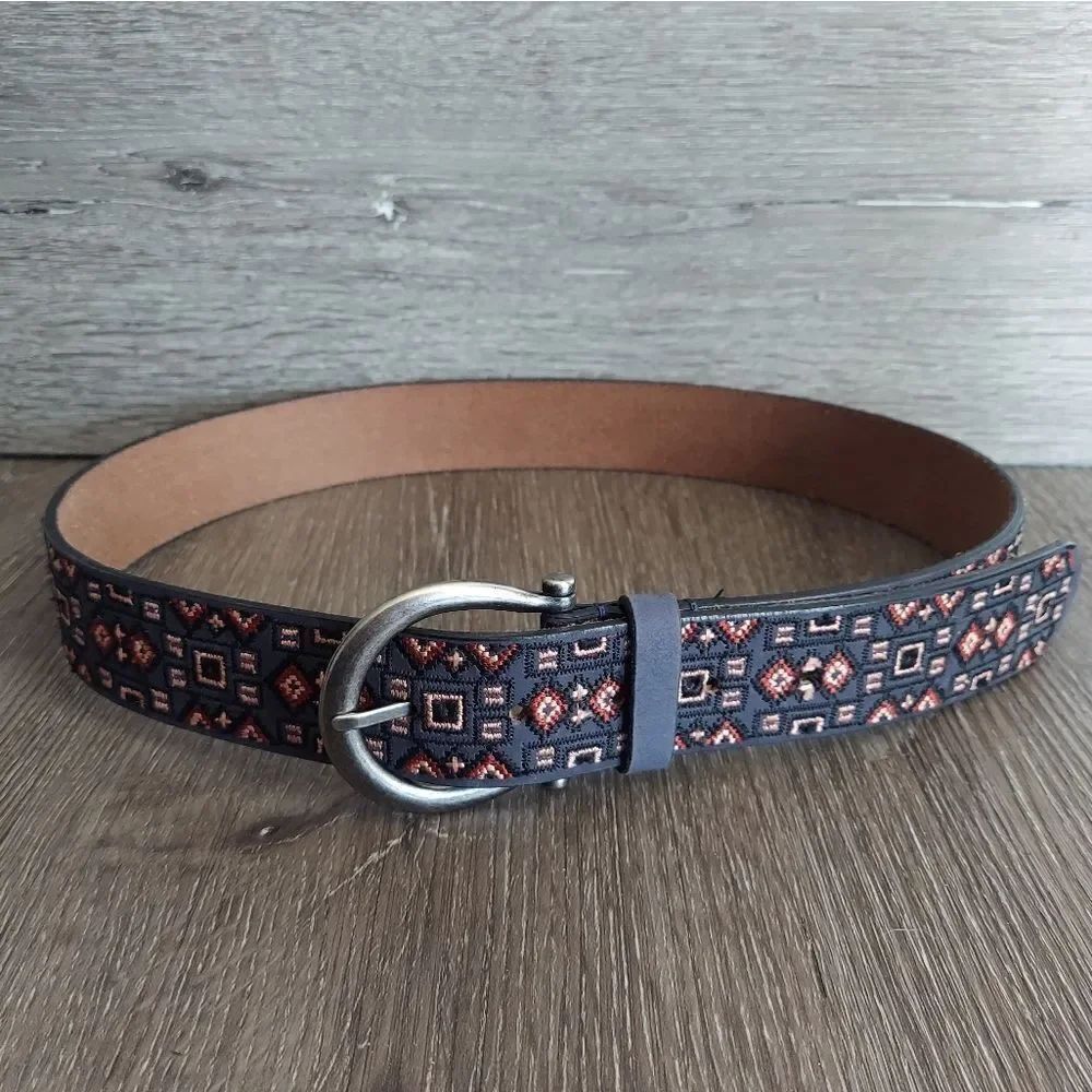 NEW Lucky Brand Boho Embroidered Geometric Navy Leather Belt Small